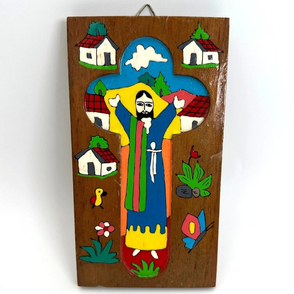 El Salvador Jesus Cross Wall Plaque Hand Painted Folk Art Wood Religious